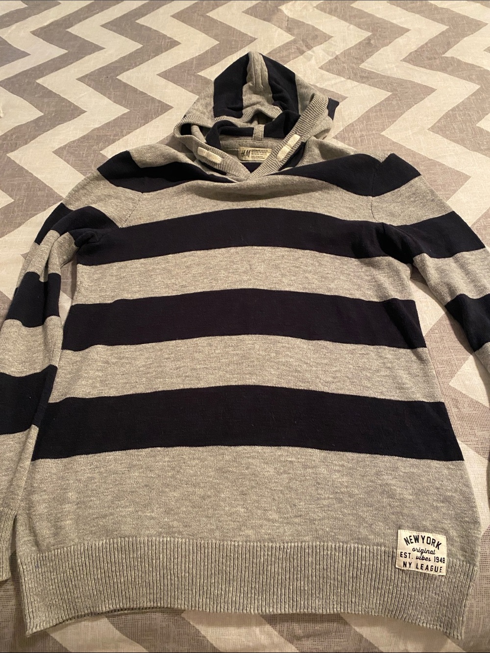 H&M Boys Striped Hooded Sweater in Gray & Navy